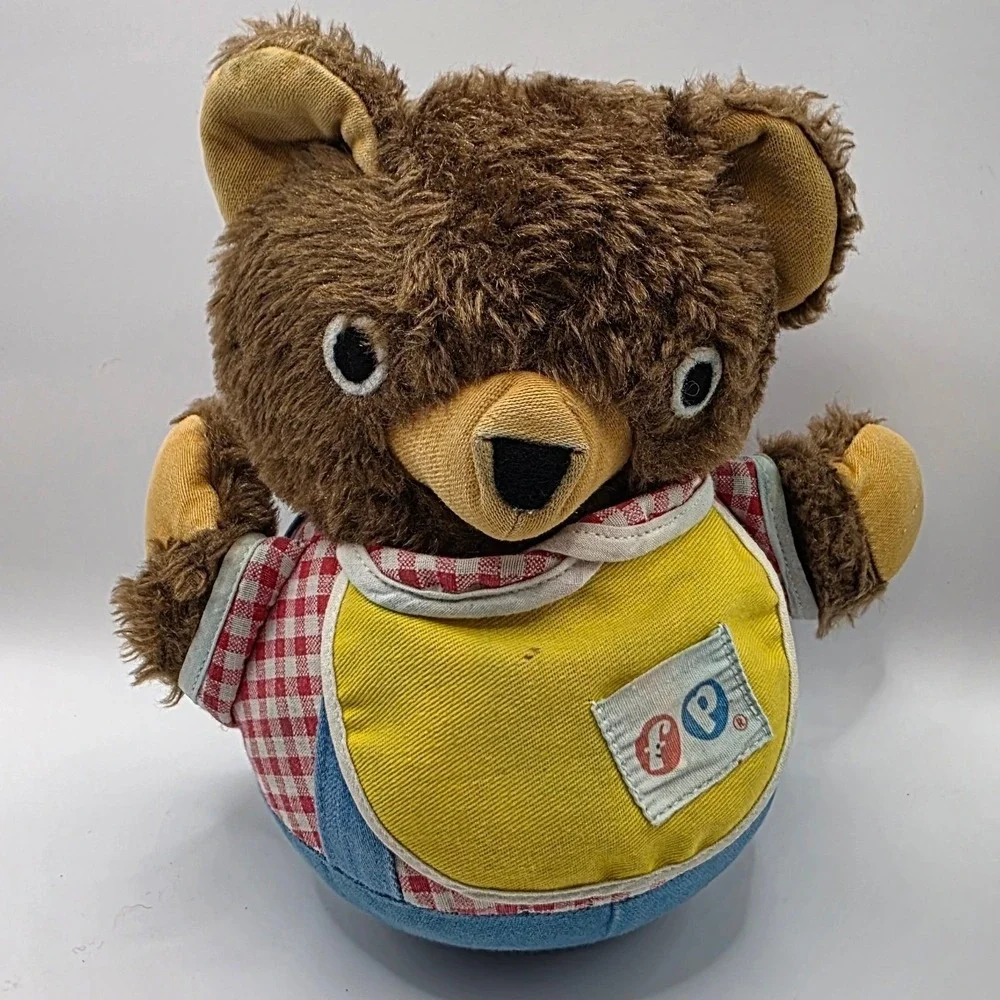Fisher Price Plush Roly Poly Bear Brown Gingham Yellow Bib 719 7x6in